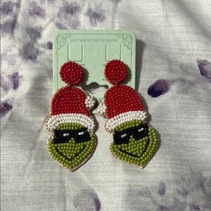 Beaded Grinch Earrings with Santa Hat